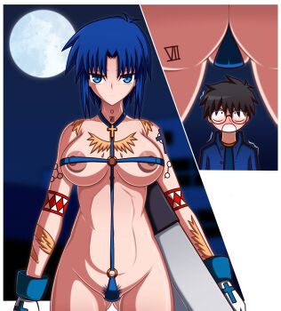 1boy 1girl absurdres arm_tattoo black_eyes black_hair blood blue_eyes blue_hair blue_shirt blush chest_tattoo ciel_(tsukihime) expressionless glasses gloves gluteal_fold highres large_areolae moon navel neck_tattoo night night_sky nosebleed powered_ciel pubic_hair sakurello seventh_holy_scripture shirt shoulder_tattoo sky tattoo tohno_shiki tsukihime