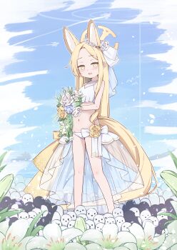 1girl absurdres alternate_costume animal_ears bird blonde_hair blue_archive blush bouquet breasts bridal_veil bride day flower fox_ears fox_girl fox_tail hair_flower hair_ornament halo highres holding holding_bouquet kyouwashi long_hair navel open_mouth outdoors panties seia_(blue_archive) small_breasts smile solo standing swimsuit tail underwear veil very_long_hair white_panties yellow_eyes yellow_halo