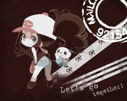 Rule 34 | 1girl, bag, boots, brown hair, chibi, closed mouth, commentary request, creatures (company), english text, exposed pocket, eyelashes, game freak, gen 5 pokemon, grey shorts, hat, hilda (pokemon), leaning, long hair, looking at viewer, looking back, milkpeachi, nintendo, oshawott, pokemon, pokemon (creature), pokemon bw, ponytail, shorts, sidelocks, smile, standing, vest, white hat, wristband