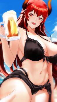 Rule 34 | 1girl, absurdres, beach, beer mug, bikini, black bikini, breasts, cup, dola (nijisanji), dragon girl, dragon horns, highres, holding, holding cup, horns, large breasts, long hair, mug, navel, nijisanji, open mouth, outdoors, red eyes, red hair, sarong, sitting, sky, solo, sugisita 0920, swimsuit, virtual youtuber, yokozuwari