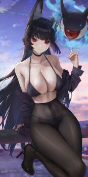 1girl absurdres animal_ear_fluff animal_ears arm_support bare_shoulders bikini black_bikini black_choker black_footwear black_panties black_pantyhose black_shirt blunt_bangs blurry blurry_background breasts choker cleavage closed_mouth cloud collared_shirt commentary_request dress_shirt far_side floating fox_ears fox_girl fox_shadow_puppet halterneck high_heels highres hoshimi_miyabi large_breasts leg_up long_hair looking_at_viewer off_shoulder panties pantyhose railing red_eyes shirt skindentation sky sleeves_past_wrists star_(sky) starry_sky swimsuit tailless_(zenless_zone_zero) underwear very_long_hair water zenless_zone_zero