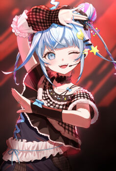 1girl ;d absurdres ahoge arm_up asymmetrical_sleeves black_dress blue_eyes blue_hair detached_sleeves dress fangs hair_bun hair_ornament headset highres hololive hololive_dev_is kiina_(mrnsor) lightning_ahoge looking_at_viewer mismatched_sleeves mizumiya_su one_eye_closed open_mouth puffy_sleeves sidelocks single_off_shoulder sleeves_past_wrists smile solo upper_body virtual_youtuber