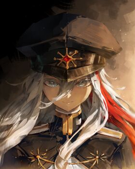 1girl 86_-eightysix- absurdres arkilide blue_eyes blue_jacket closed_mouth commentary english_commentary grey_eyes grey_hair hair_between_eyes hat highres jacket long_hair looking_at_viewer military military_hat military_jacket military_uniform single_hair_streak solo vladilena_millize