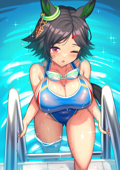Rule 34 | alternate costume, black hair, blue one-piece swimsuit, blush, breasts, cleavage, climbing ladder, commission, ear ornament, from above, goggles, goggles around neck, highres, large breasts, one-piece swimsuit, one eye closed, pool ladder, poolside, red eyes, short hair, skeb commission, swim goggles, swimsuit, thighs, umamusume, water, wet, winning ticket (umamusume), yuutopia