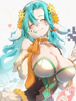 2girls absurdres animal_ears animal_hat aqua_hair bare_shoulders blush breasts censored chloe_(fire_emblem) chloe_(spring)_(fire_emblem) choker clear_glass_(mildmild1311) cleavage closed_eyes closed_mouth collarbone cordelia_(fire_emblem) cordelia_(spring)_(fire_emblem) detached_collar detached_sleeves eating fake_animal_ears fire_emblem fire_emblem_awakening fire_emblem_engage fire_emblem_heroes food frilled_choker frills gloves hat highres large_breasts leotard long_hair multiple_girls nintendo official_alternate_costume orange_choker puffy_short_sleeves puffy_sleeves rabbit_ears rabbit_hat red_eyes red_hair ribbon short_sleeves skirt small_breasts smile upper_body very_long_hair white_gloves white_skirt yellow_choker