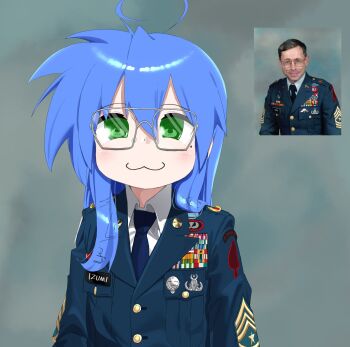 1boy 1girl :3 ahoge alternate_costume blue_hair blue_necktie blush collared_shirt commentary cosplay dot_nose epaulettes glasses green_eyes hair_over_shoulder highres izumi_konata lapels long_hair long_sleeves looking_at_viewer lucky_star medal mike_vining military_uniform mole mole_under_eye name_tag necktie notched_lapels papyopyo photo-referenced real_life reference_inset shirt simple_background upper_body white_shirt