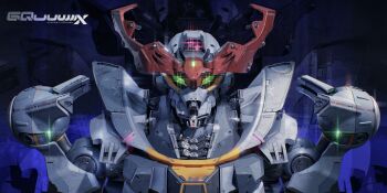 Rule 34 | 3d, blender (medium), character name, clip studio paint (medium), commentary, english commentary, exposed internal machinery, glowing, glowing eyes, gquuuuuux, green eyes, gundam, gundam gquuuuuux, highres, krypppp, lens flare, logo, looking at viewer, mecha, mecha focus, mobile suit, no humans, portrait, realistic, robot, science fiction, title, upper body, v-fin