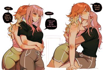 2girls amlichan artist_name black_shirt blush breasts brown_shorts closed_eyes closed_mouth commentary cowboy_shot cropped_legs earrings english_commentary english_text feather_earrings feathers from_side green_shorts highres hololive hololive_english hug hug_from_behind jewelry long_hair medium_breasts midriff mori_calliope multiple_girls navel orange_hair pink_eyes pink_hair pink_shirt profile shirt short_sleeves shorts sitting sleeveless sleeveless_shirt smile speech_bubble standing t-shirt takanashi_kiara virtual_youtuber yuri