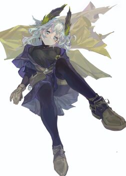 1girl absurdres arknights black_pantyhose breasts brown_gloves brown_shoes earrings full_body gloves grey_eyes grey_hair highres irene_(arknights) irene_(the_adjudicatrix_and_her_resolve)_(arknights) jacket jewelry jian_jia medium_breasts off_shoulder open_clothes open_jacket pantyhose shoes simple_background solo sweater turtleneck turtleneck_sweater white_background