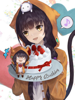 1girl :d absurdres animal animal_hood animal_on_head asakura_karen_(heaven_burns_red) birthday birthday_cake black_hair blunt_bangs blush bow bowtie brown_skirt cake cat cat_hood cat_on_head cat_tail character_doll chibi doll dual_persona eighth_note food fork fruit hair_over_shoulder hands_up happy_birthday heaven_burns_red highres holding holding_fork holding_plate hood hood_up hooded_jacket hoodie horns jacket long_hair long_sleeves low_twintails multiple_girls musical_note on_head open_clothes open_hoodie open_jacket open_mouth orange_jacket plaid_clothes plaid_skirt plate pleated_skirt red_bow red_bowtie school_uniform sharp_teeth shirt skirt smile solo speech_bubble spoken_musical_note strawberry strawberry_shortcake tail tail_raised teeth twintails upper_body white_cat white_shirt yellow_eyes yu422yu