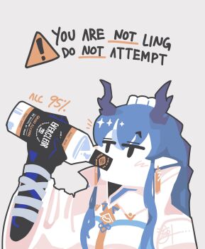 1girl alcohol arknights blue_hair blue_horns blush bottle character_name dragon_girl dragon_horns drinking earrings english_text glass_bottle grey_background highres holding holding_bottle horns jewelry ling_(arknights) long_hair long_sleeves necktie no_pupils pointy_ears sign simple_background solo tassel tassel_earrings thatpebble upper_body warning_sign yellow_necktie