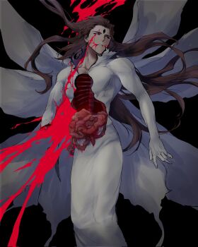 1boy aizen_sousuke alternate_form black_background bleach blood blood_from_mouth blood_on_face bone brown_hair butterfly_wings collarbone colored_sclera guro hair_spread_out highres injury insect_wings intestines long_hair losloslaus missing_limb mullet multiple_wings parted_lips purple_sclera ribs spine third_eye tight_clothes white_eyes wings