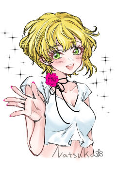 1girl blonde_hair blush breasts commentary_request cropped_shirt cropped_torso earrings fingernails green_eyes highres idolmaster idolmaster_cinderella_girls jewelry medium_breasts miyamoto_frederica nail_polish natsuka_(pwkf8487) pink_nails shirt short_hair smile solo stud_earrings teeth upper_body upper_teeth_only v-neck white_shirt