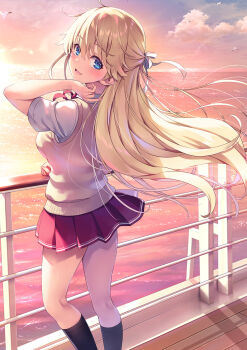1girl :d advanced_nurturing_high_school_uniform animal bird black_socks blonde_hair blue_eyes blush bow bowtie breasts brown_sweater_vest cloud cloudy_sky floating_hair from_behind gradient_sky hair_ribbon half_updo kneehighs long_hair looking_at_viewer looking_back medium_breasts miniskirt nanase_tsubasa ocean official_art open_mouth outdoors pleated_skirt red_skirt ribbon school_uniform seagull short_sleeves skirt sky smile socks sunset sweater_vest tomose_shunsaku water white_ribbon youkoso_jitsuryoku_shijou_shugi_no_kyoushitsu_e