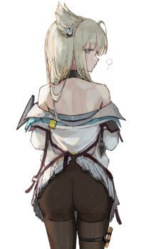 1girl ? absurdres accidental_exposure animal_ears arknights arknights:_endfield ass back backless_dress backless_outfit bare_back bare_shoulders bird_ears bird_girl black_pantyhose blue_eyes blush brown_hair closed_mouth clothes_lift collared_dress collared_halterneck commentary_request dress halter_dress halterneck highres jacket long_hair looking_at_viewer looking_back no_panties off_shoulder open_clothes opuricheri pantyhose perlica_(arknights) simple_background skirt skirt_caught_on_object skirt_lift sleeveless sleeveless_dress solo standing thighs white_background white_jacket