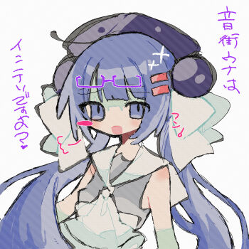 1girl blue_eyes blue_hair blush_stickers eyewear_on_head glasses highres long_hair looking_at_viewer okashira_moppu open_mouth otomachi_una shirt single_blush_sticker sleeveless sleeveless_shirt solo upper_body vocaloid