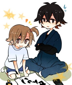 1boy 1girl aoi_choko_(aoichoco) barakamon black_eyes black_hair brown_eyes brown_hair brush crossed_arms handa_seishuu highres ink kotoishi_naru monaco0704 side_ponytail smile