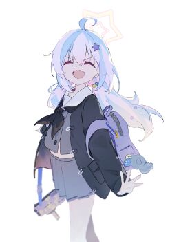 Rule 34 | 1girl, absurdres, ahoge, backpack, bag, bag charm, black neckerchief, blue archive, blue hair, charm (object), closed eyes, cowboy shot, enokinoko1010, facing viewer, from side, grey serafuku, grey shirt, grey skirt, gun, gun sling, hair ornament, halo, highres, holding, holding bag, jacket, long hair, low twintails, multicolored hair, neckerchief, open clothes, open jacket, open mouth, outstretched arms, pink hair, pleated skirt, purple bag, reisa (blue archive), school uniform, serafuku, shirt, shotgun, simple background, skirt, smile, solo, standard manufacturing dp-12, star (symbol), star hair ornament, star halo, twintails, two-tone hair, v-shaped eyebrows, weapon, white background, yellow halo