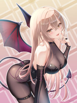 1girl akiyomi ass bat_wings belt black_bodystocking black_leotard blonde_hair breasts bridal_gauntlets commentary_request commission demon_tail highres large_breasts leaning_forward leotard long_hair looking_at_viewer original outline skeb_commission smile solo straight_hair tail thigh_belt thigh_strap very_long_hair white_outline wings
