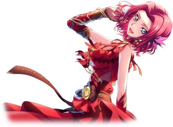 1girl blue_eyes breasts code_geass code_geass:_lost_stories dress elbow_gloves f4samurai gloves kouzuki_kallen looking_at_viewer official_art open_mouth red_dress red_gloves red_hair red_sleeves short_hair smile solo