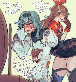 1girl 2girls ;p amber_(genshin_impact) black_hairband blue_hair blush boots breasts brown_eyes brown_hair commentary english_commentary english_text eula_(genshin_impact) genshin_impact gloves hair_between_eyes hair_ornament hairband handkerchief highres holding holding_handkerchief jacket kiegenshin large_breasts leaning_on_table lipstick_mark lipstick_mark_on_face lipstick_mark_on_leg lipstick_mark_on_shoulder long_hair long_sleeves medium_hair multicolored_eyes multiple_girls nose_blush one_eye_closed open_mouth purple_eyes red_hairband red_jacket simple_background table thigh_boots tongue tongue_out twitter_username two-tone_eyes vanity_table wiping_face yellow_eyes yuri