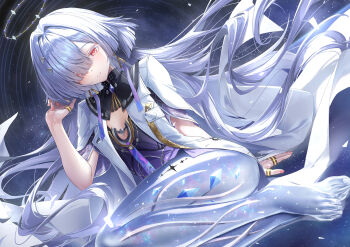 1girl adjusting_hair barefoot breasts closed_mouth colored_eyelashes commentary dress earrings feet floating_hair grey_hair hair_ornament hair_over_one_eye hair_spread_out halo hand_in_own_hair hand_up highres id_card jacket jewelry long_hair looking_at_viewer mornye_(wuthering_waves) purple_dress red_eyes see-through_body small_breasts smile solo tacet_mark_(wuthering_waves) thighs toes triangle_earrings very_long_hair white_background white_jacket wuthering_waves xfate