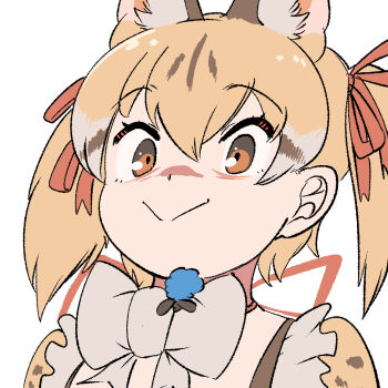 1girl animal_ears bow bowtie brown_eyes brown_hair cat_ears cat_girl closed_mouth extra_ears kemono_friends kemono_friends_v_project large-spotted_genet_(kemono_friends) long_hair looking_at_viewer mcgunngu microphone ribbon shirt simple_background solo twintails upper_body virtual_youtuber