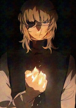 Rule 34 | 1boy, badeni, black tabard, black tunic, blonde hair, chi.: chikyuu no undou ni tsuite, eyepatch, fire, kadeart, male focus, medium hair, scar, scar on face, scar on lip, scar on mouth, scar on nose, shirt, solo, tabard, tonsure, tunic, upper body, white shirt