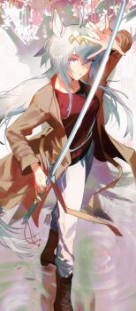 Rule 34 | 1girl, ahoge, animal ears, blue eyes, blurry, blurry background, boots, coat, commentary, commission, cosplay, double-parted bangs, eiyuu densetsu, english commentary, floating clothes, floating hair, grey hair, hair between eyes, hair ornament, highres, holding, holding sword, holding weapon, horse ears, horse girl, kai no kiseki, kuro no kiseki (series), long hair, looking at viewer, oguri cap (umamusume), open clothes, open coat, pants, pommel tassel, raneblu, rean schwarzer, sidelocks, solo, sword, tachi (weapon), tassel, umamusume, weapon, white pants