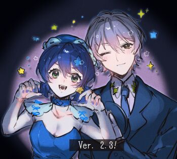 Rule 34 | 1boy, 1girl, belle (zenless zone zero), blue choker, blue dress, blue hair, blue jacket, blue necktie, brother and sister, choker, claw pose, collared shirt, commentary request, crossed bangs, dress, green eyes, grey hair, highres, jacket, looking at viewer, necktie, one eye closed, shirt, short hair, siblings, smile, star (symbol), suit jacket, upper body, vvo uvv, white shirt, wise (zenless zone zero), zenless zone zero