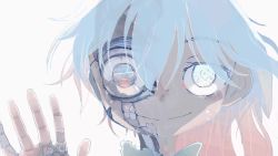 1girl android animated backlighting blue_eyes blue_hair eye_reflection female_focus gradient_hair hair_blowing injury looking_at_viewer mechabare multicolored_hair original reflection science_fiction simple_background smile solo static static_eyes takarai_shunsuke torn_clothes video waving white_background wind