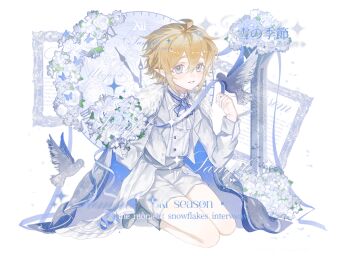 1boy ahoge alternate_costume analog_clock aotu_world ascot bird bird_on_hand bishounen black_boots blonde_hair blue_ascot blue_butterfly blue_eyes blue_gemstone blue_ribbon blush boots bouquet brooch bug butterfly cape chinese_commentary clock commission dove english_text flower frilled_shirt frills full_body fur-trimmed_cape fur_trim gem hair_between_eyes hand_up highres holding holding_bouquet insect jacket jewelry king_(aotu_world) leaf long_sleeves looking_at_viewer male_focus open_clothes open_jacket parted_lips picture_frame plutoray pointy_ears ribbon shirt short_hair shorts simple_background sitting smile solo sparkle watermark white_ascot white_background white_cape white_flower white_jacket white_shirt white_shorts