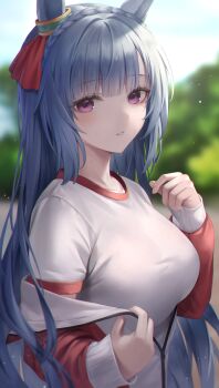 1girl absurdres animal_ears blue_hair blunt_bangs blurry blurry_background blush braid breasts commentary_request crown_braid day depth_of_field ear_ornament gym_shirt hibimaru highres horse_ears jacket large_breasts long_hair long_sleeves looking_at_viewer mejiro_ardan_(umamusume) off_shoulder open_clothes open_jacket outdoors parted_lips purple_eyes red_jacket shirt solo sweat track_jacket umamusume undressing upper_body very_long_hair white_shirt