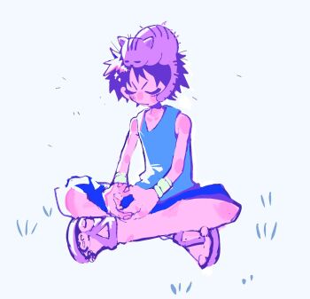 Rule 34 | 1boy, animal, animal on head, bare shoulders, black hair, blue shorts, blue tank top, cat, closed eyes, closed mouth, commentary request, facial scar, full body, highres, indian style, korean commentary, male focus, monkey d. luffy, on head, one piece, sandals, scar, scar on cheek, scar on face, short hair, shorts, simple background, sitting, solo, spookeygoost, tank top, wristband