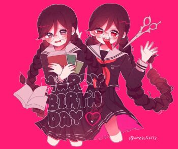 2girls :d ameko53133 blush book braid breast_pocket collared_shirt commentary_request cropped_legs danganronpa:_trigger_happy_havoc danganronpa_(series) dual_persona eyelashes fukawa_toko genocider_shou glasses hair_between_eyes holding holding_book long_hair long_sleeves long_tongue mole mole_under_mouth multiple_girls neckerchief open_book open_mouth outline pink_background pocket purple_eyes purple_hair purple_serafuku purple_shirt purple_skirt red_neckerchief round_eyewear sailor_collar scared school_uniform scissors serafuku sharp_teeth shirt simple_background skirt skirt_set smile sweatdrop teeth tongue tongue_out twin_braids twintails twitter_username upper_teeth_only v-shaped_eyebrows white_outline white_sailor_collar