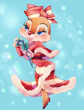 Rule 34 | 1girl, alternate costume, animification, blue eyes, candy, candy cane, chipmunk ears, chipmunk girl, christmas, clarice (disney), disney, dress, eyelashes, food, full body, highres, holding, holding candy, holding candy cane, holding food, looking at viewer, mickey mouse &amp; friends, open mouth, rl10 02, smile, solo
