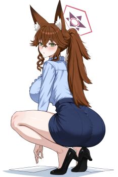 1girl animal_ear_fluff animal_ears ass black_shoes blue_archive blue_shirt blue_skirt blush breasts brown_hair commission crossed_bangs drill_hair drill_sidelocks evil_rat fox_ears fox_girl frills from_behind full_body green_eyes hair_between_eyes halo high-waist_skirt high_heels high_ponytail highres huge_ass karuizawa_mayumi large_breasts long_hair long_sleeves looking_at_viewer looking_back miniskirt office_lady original paper parody pink_halo ponytail scene_reference shadow shirt shoes sidelocks simple_background skirt solo squatting teeth very_long_ears white_background