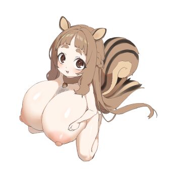 1girl :3 absurdres animal_ears braid breasts brown_eyes brown_hair commentary completely_nude elomil from_above full_body gigantic_breasts highres long_hair looking_at_viewer nipples nude oppai_loli original simple_background sitting smile solo squirrel_ears squirrel_girl squirrel_tail tail thick_eyebrows white_background