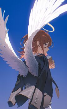 1boy angel angel_devil_(chainsaw_man) angel_wings black_jacket blue_background blue_sky brown_hair chainsaw_man feathered_wings food formal_clothes from_behind hair_between_eyes halo highres holding holding_food holding_ice_cream ice_cream ice_cream_cone jacket long_sleeves looking_at_viewer looking_back male_focus medium_hair necktie red_eyes shirt sky solo suit tokkyu upper_body white_shirt white_wings wings