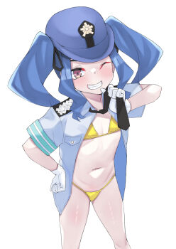 1girl alternate_costume bikini black_necktie blue_hair blue_hat blue_shirt blush dot_nose feet_out_of_frame female_focus flat_chest from_above gloves grin hand_on_own_hip hat highres loli long_hair looking_at_viewer looking_up melty_q_melromarc naughty_face navel necktie nekokyun one_eye_closed open_clothes open_shirt pink_eyes police police_uniform shirt short_sleeves simple_background smile solo standing swimsuit tate_no_yuusha_no_nariagari teeth twintails white_background white_gloves wink yellow_bikini