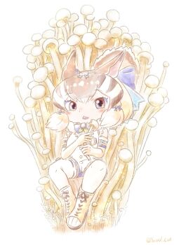 Rule 34 | 1girl, absurdres, animal ears, belt, boots, brown eyes, brown hair, chipmunk ears, chipmunk girl, chipmunk tail, elbow gloves, extra ears, gloves, hashtag-only commentary, highres, kemono friends, kemono friends v project, looking at viewer, microphone, mushroom, ribbon, saival cat, shirt, short hair, shorts, siberian chipmunk (kemono friends), sleeveless, sleeveless shirt, solo, tail, thighhighs, vest, virtual youtuber