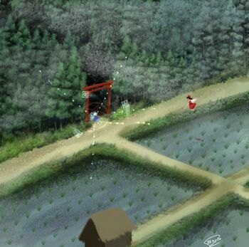 2girls arms_up barefoot black_hair black_shoes blue_dress blue_hair bow cirno danmaku detached_sleeves dress flying forest gohei grass hakurei_reimu highres holding holding_gohei long_sleeves multiple_girls nature pechi_(h0t_c0ffee) pentagram pine_tree red_bow reflection rice_paddy road shoes signature torii touhou tree white_sleeves wide_shot