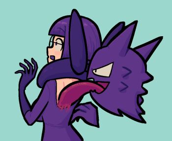 1girl back blunt_bangs bob_cut bow breasts colored_skin elbow_gloves gen_1_pokemon ghost glasses gloves haunter large_bow licking_back licking_lips medium_breasts neck_pillow nintendo open_mouth pokemon pokemon_(creature) pokemon_bw purpienamako purple_hair purple_skin purple_skirt rayman_limbs rimless_eyewear round_eyewear shauntal_(pokemon) short_hair shoulder_blades skirt surprised tongue tongue_out upper_body v-shaped_eyes wide-eyed