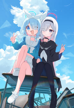 2girls :d absurdres arona_(blue_archive) black_pantyhose black_sailor_collar black_serafuku black_shirt black_shoes blue_archive blue_eyes blue_hair blue_halo blue_shirt blue_sky bow bowtie cloud colored_inner_hair comiket_107 commentary_request crop_top cropped_shirt dated_commentary desk eyes_visible_through_hair grey_eyes grey_hair hair_bow hair_over_one_eye halo hand_up highres holding_hands inedibleparts interlocked_fingers leg_up lens_flare loafers long_bangs long_hair long_sleeves midriff multicolored_hair multiple_girls navel on_desk one_eye_closed open_mouth pantyhose parted_bangs pink_halo plana_(blue_archive) red_pupils sailor_collar school_desk school_uniform serafuku shirt shoes short_hair sitting skirt sky smile sneakers straight_hair v very_long_hair white_bow white_bowtie white_sailor_collar white_shoes white_skirt