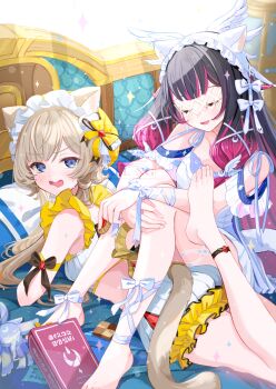 Rule 34 | 2girls, :d, animal ear fluff, animal ears, barefoot, black hair, blunt bangs, blush, book, brown hair, cat ears, cat girl, cat tail, closed eyes, columbina (genshin impact), commentary request, genshin impact, highres, kemonomimi mode, knees up, lingerie, long hair, lying, multicolored hair, multiple girls, negligee, on stomach, open mouth, pink hair, sandrone (genshin impact), sitting, smile, streaked hair, tail, two-tone hair, underwear, yutukicom