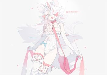 1girl :3 animal_ears boots choker colored_eyelashes colored_skin commentary elbow_gloves fangs gloves gumvvvball holding holding_ribbon knee_boots leotard open_mouth original pink_choker ribbon solo unicorn_horn untranslatable_commentary white_eyes white_hair white_leotard white_skin