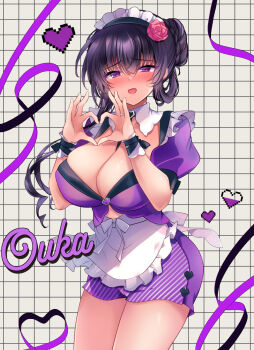 Rule 34 | 1girl, apron, black hair, blush, breasts, character name, cleavage, dress, flower, heart, heart hands, highres, ichiyou moka, large breasts, maid headdress, open mouth, pink flower, purple dress, purple eyes, saimin kanojo (ichiyou moka), solo, takanashi ouka (ichiyou moka), white apron