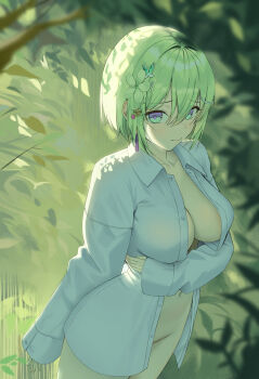 1girl absurdres aqua_eyes blonde_hair blush breasts butterfly_hair_ornament cleavage closed_mouth collared_shirt cowboy_shot day dos_(ehgns007kr) dress_shirt flower groin hair_flower hair_ornament highres large_breasts leaf long_sleeves navel no_bra no_panties open_clothes open_shirt outdoors shirt short_hair sleeves_past_wrists solo stellive sunlight unbuttoned unbuttoned_shirt virtual_youtuber wing_collar yellow_flower yuzuha_riko