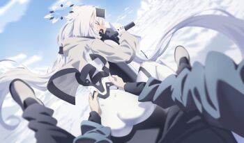 1boy 1girl ass blue_archive bodysuit dimples_of_venus himari_(armed)_(blue_archive) himari_(blue_archive) k.n.q snow tagme