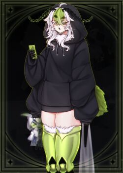 >_< 1girl abdomen_tail absurdres antennae arthropod_girl bag black_hoodie black_tongue cellphone colored_sclera extra_arms green_eyes green_hair hair_between_eyes highres hood hoodie indie_virtual_youtuber insect_girl joomfie_(juniper_actias) juniper_actias juniper_actias_(space_invader) long_sleeves looking_at_viewer monster_girl moth_antennae moth_girl open_mouth phone shopping_bag sitraell smartphone solo thick_thighs thighs virtual_youtuber white_hair